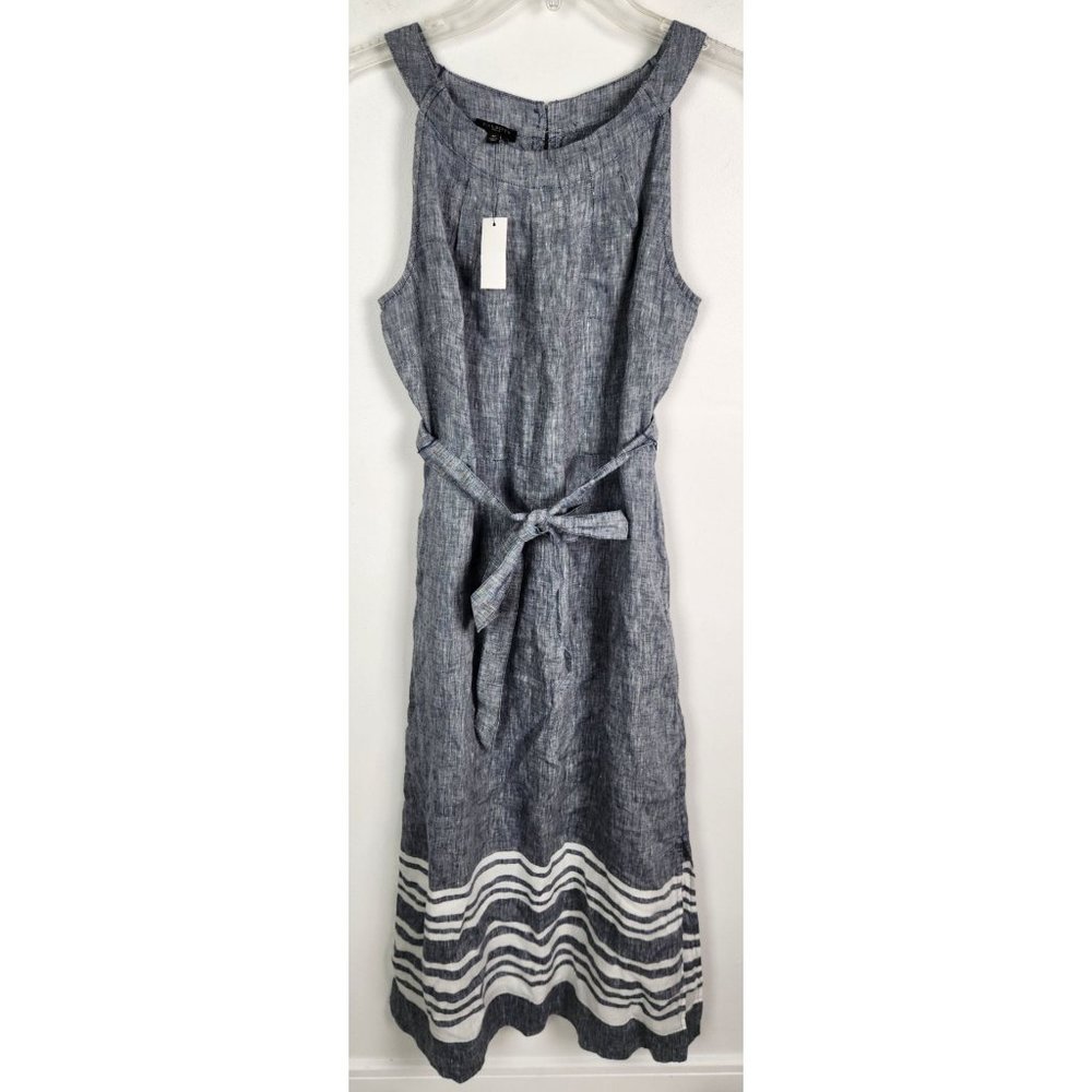 Talbots Women's Sz. 4P Blue & White Linen Midi Tie Tank Dress NWT